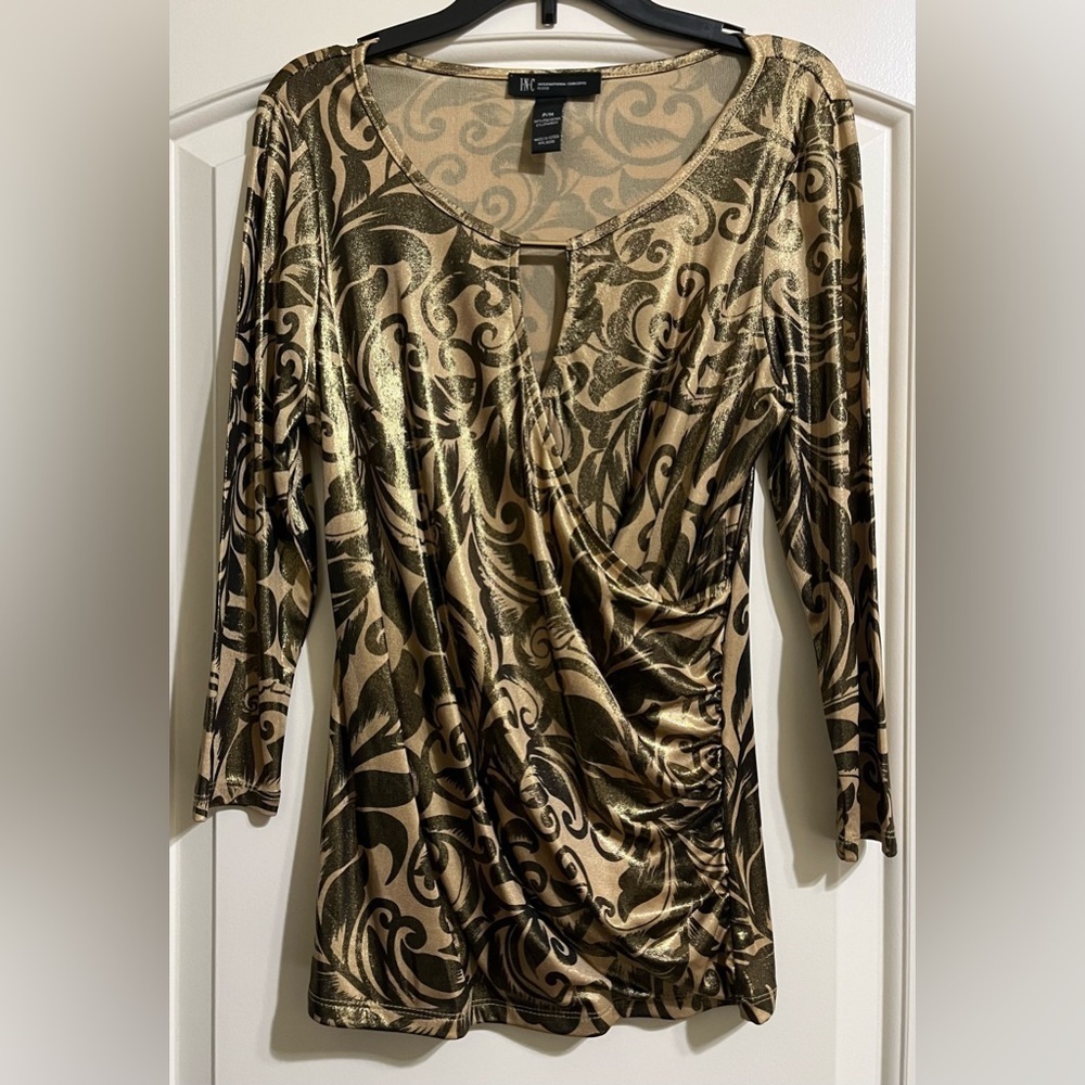 INC International Concepts Metallic Gold Leaf Floral Blouse Top Ruched PETITE M